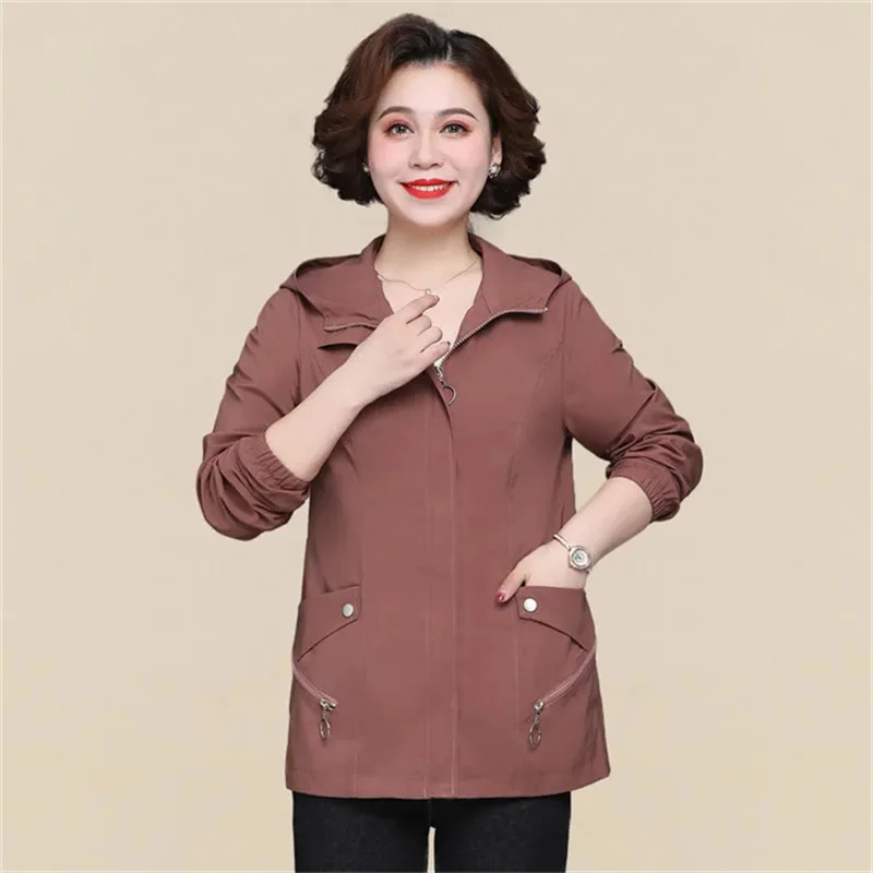 2024 Spring Autumn Jackets 4XL Elegant Jackets Hooded Windbreaker Pocket Zipper Outerwear Fashion Loose Trench Coat Female