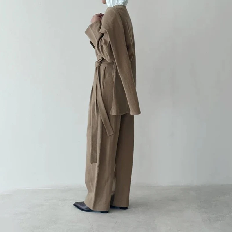 FANAN Office Lady Set da 2 pezzi Pullover a maniche lunghe irregolari da donna Top + Cintura a vita alta Pantaloni a vita raccolta 2025 Autunno Nuovo