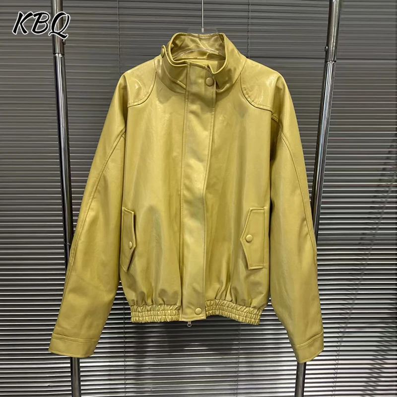 

KBQ Solid Spliced Button Casual Loose Jackets for Women Stand Collar Long Sleeve Temperament Chic Coat Female Autumn Style New