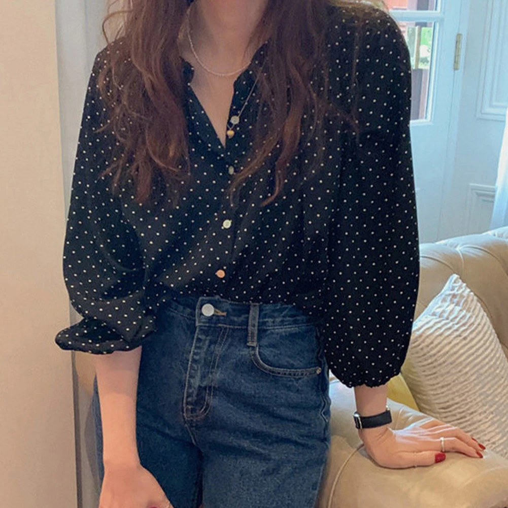 

Shirts Women Blouse New Lantern Sleeves Chiffon Shirts Love Waves Blouse For Women Tops Button Up Office Lady Polka Dot Top