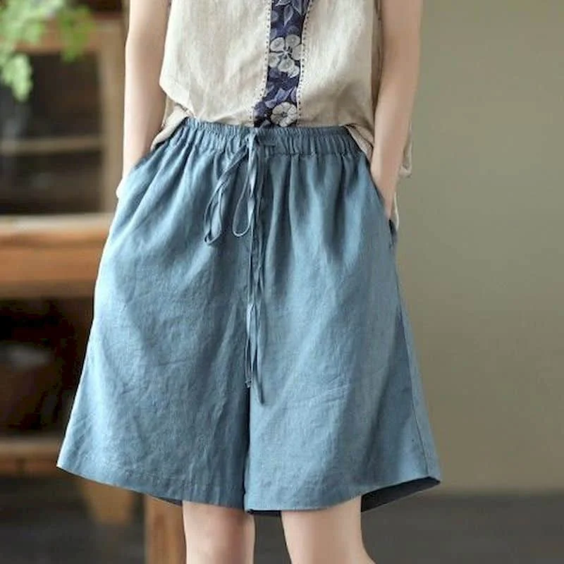 Cotton Linen Shorts Women Summer New Solid Vintage Elastic Waist Wide Leg Pants Casual Loose Five Point Shorts Women Clothing