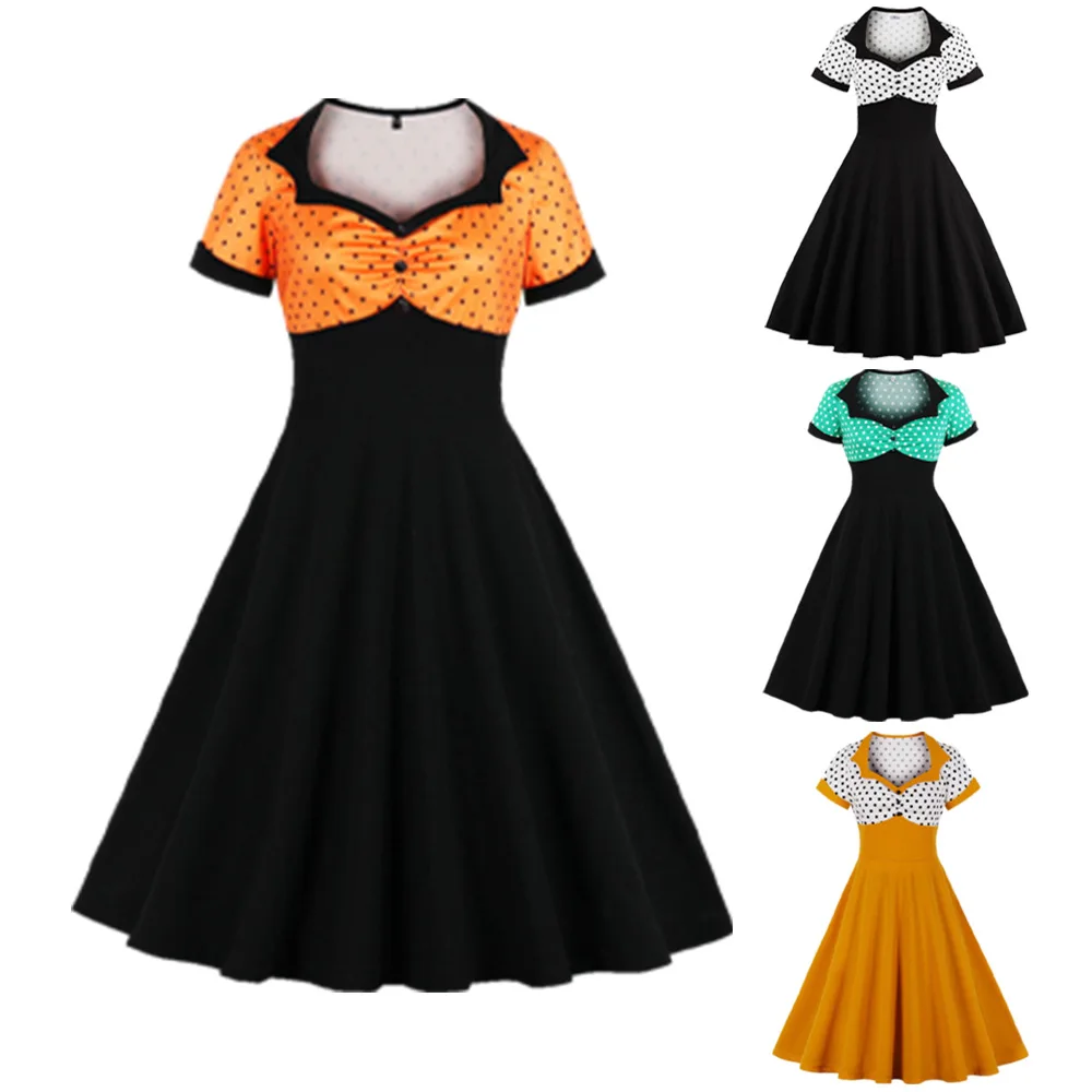 

Women's Audrey Hepburn Style Vintage Square Collar Pokla Dots Patchwork Swing 1950s Dress Plus Size High Quality Cotton Dresses