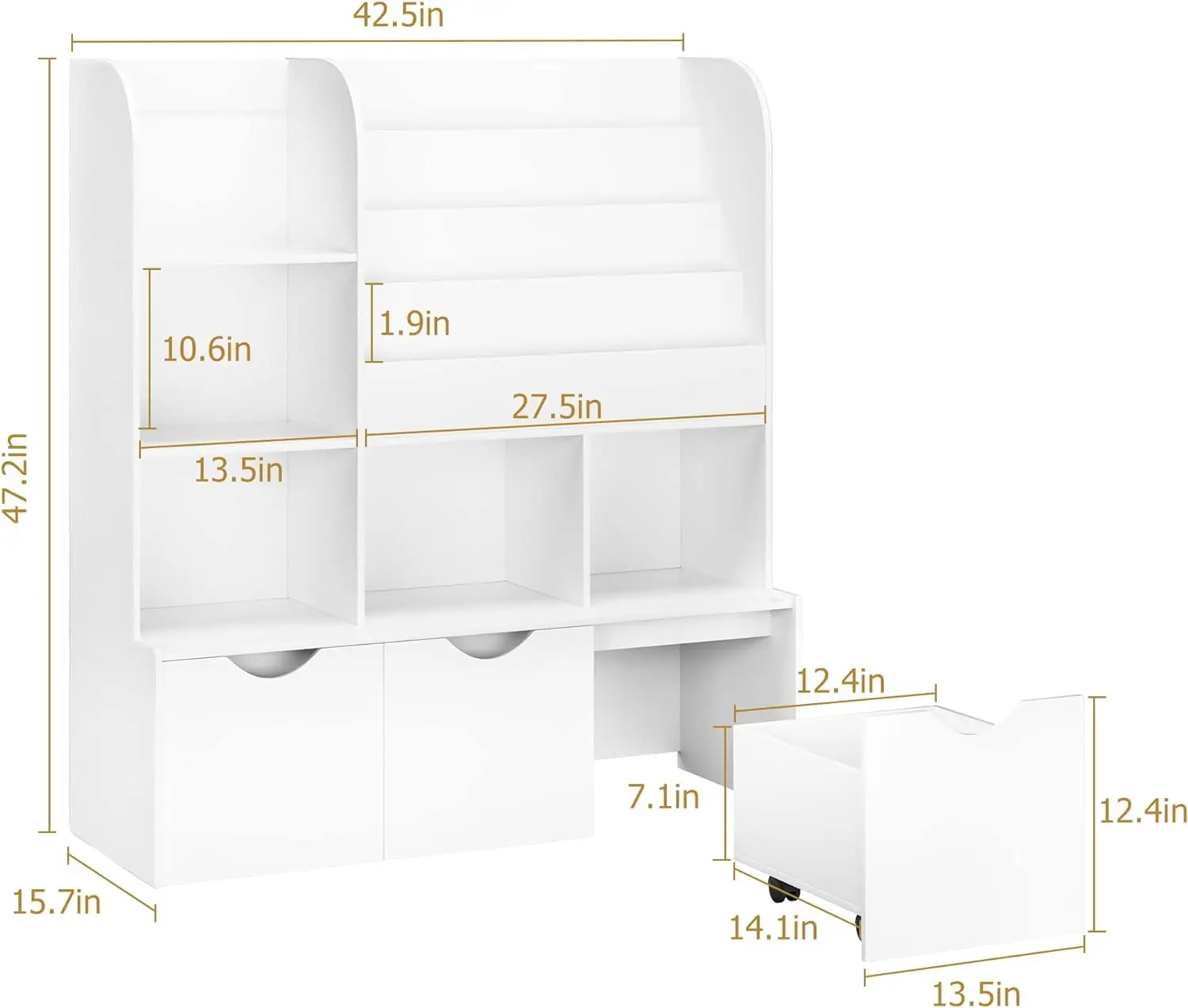 47'' Kids Bookcase and Bookshelf, Multifunctional Bookcase with 5 Storage Cubbies and 3 Movable Drawers, Bookcase Display Stand