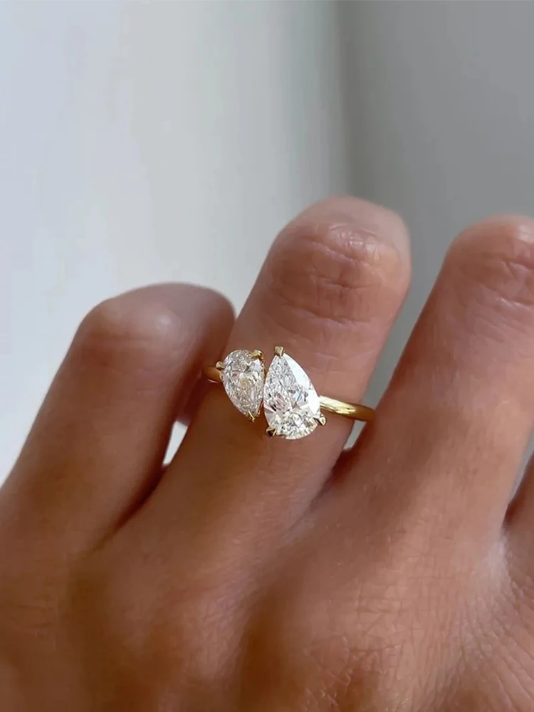 1.5cttw Dubbele Peer Cut Moissanite Diamanten Ring voor Vrouwen Twee Steen Toi Et Moi Trouwringen 925 Zilver 18 k Vergulde Sieraden - afbeelding 2