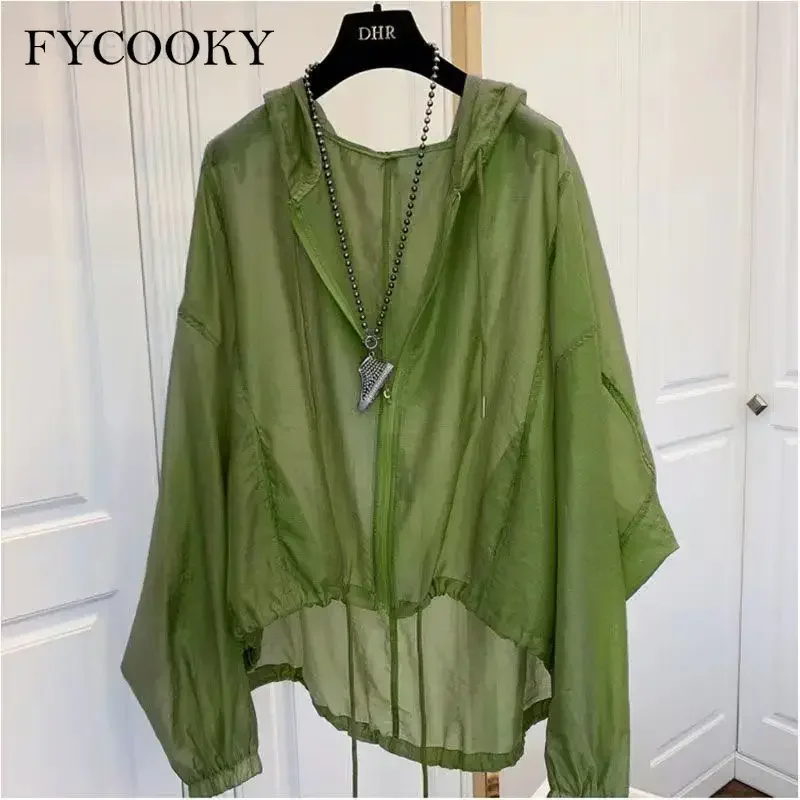 

New 2025 Women Jackets Summer Sun-proof Zipper Coats Thin Loose See Outerwear Woman