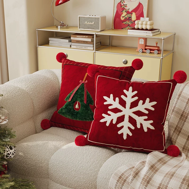 Christmas Decorative Festive Red Throw Pillow Cushion for Living Room Sofa Bay Window Bed Removable Cover
