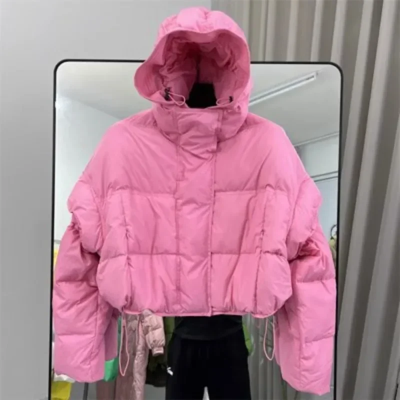 2024 Winter White Duck Down Coat Women Short Hooded Removable Sleeve Loose Fashion Puffer Jacket Thick Warm Windproof Outwear