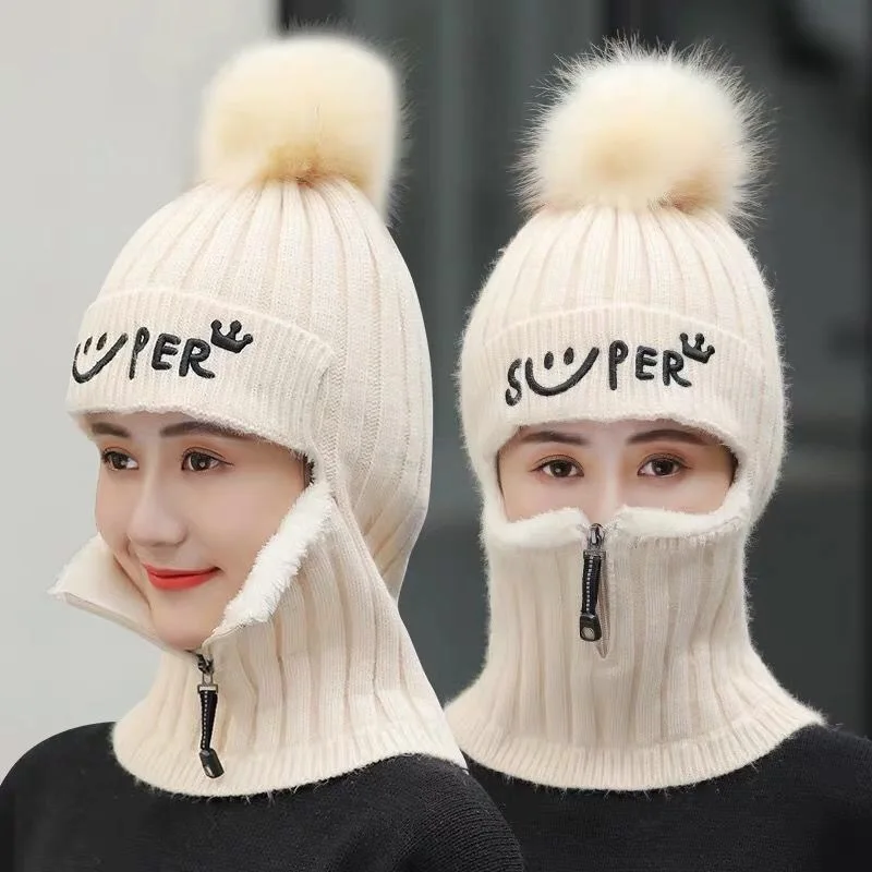 Coral Fleece Knitted Hats Winter Women Earflaps Zipper Scarf Keep Face Beanies Thick Warmer Balaclava Pompoms Skull Caps