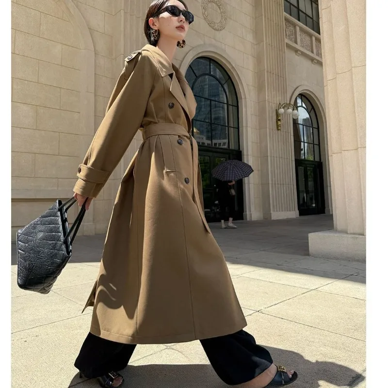 2026 معطف طويل ريترو كلاسيكي مزاجه ركاب التلبيب خندق معطف المرأة الكاكي صورة ظلية ملابس نسائية عالية الجودة