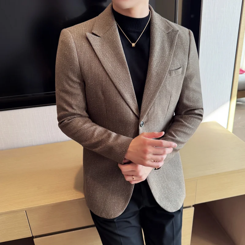 

Slim Fit Casual Men's Suit Jacket Korean Style High Quality Stripe Pattern Business Casual Versatile Single Breasted Coat