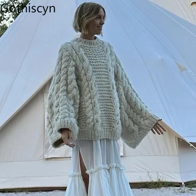

Gothiscyn O-neck Twists Sweater Women's Autumn and Winter Flare Sleeve Loose Knitting Pullover Fashion Female Clothes