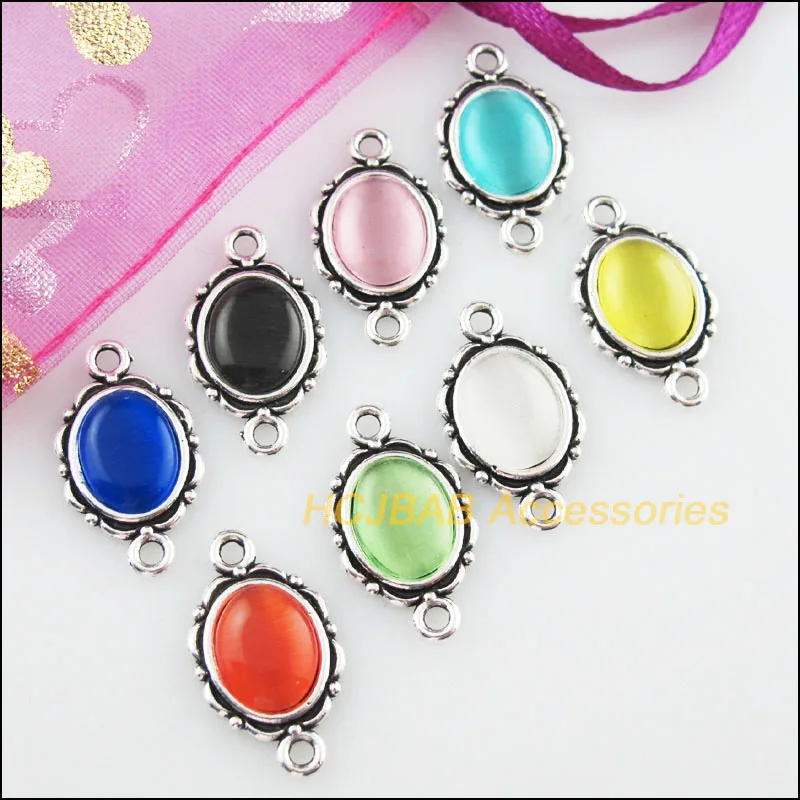 16Pcs Tibetan Silver Plated Oval Mixed CatEye Stone Charms Pendants Connectors 12x21mm