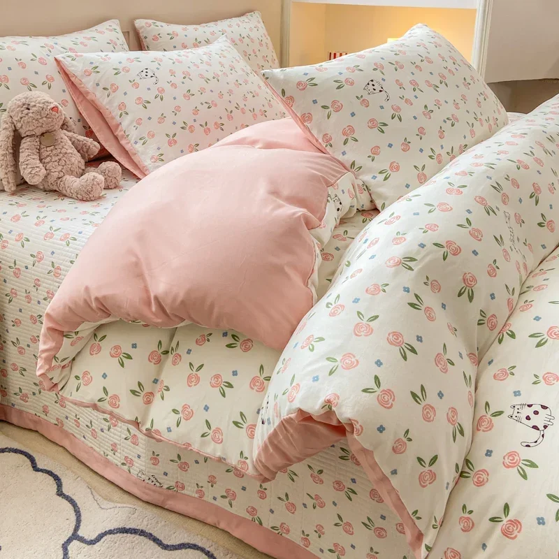 Plant Floral Duvet Cover 3 Piece Set, Cute Cartoon Cat Pattern Bedding Set, Women Kids Girls Bedroom Decorative Pink Quilt Cover