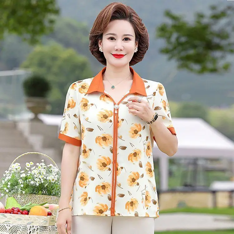 Mom's Summer Thin Short-sleeved Shirt New High-end Middle-aged and Elderly Women's Fashionable Age-reducing T-shirt