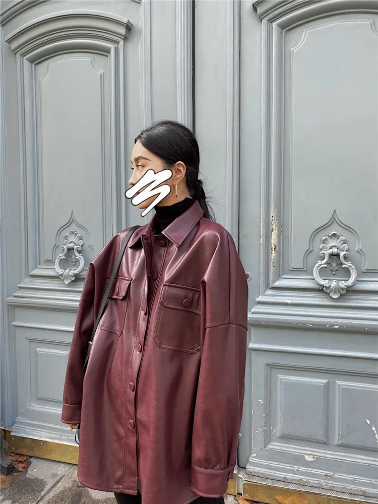 

Simple Commuting Pure Color Wine Red Retro Belted Shirt Short Coat Women Long Sleeve Spring Autumn Outerwear