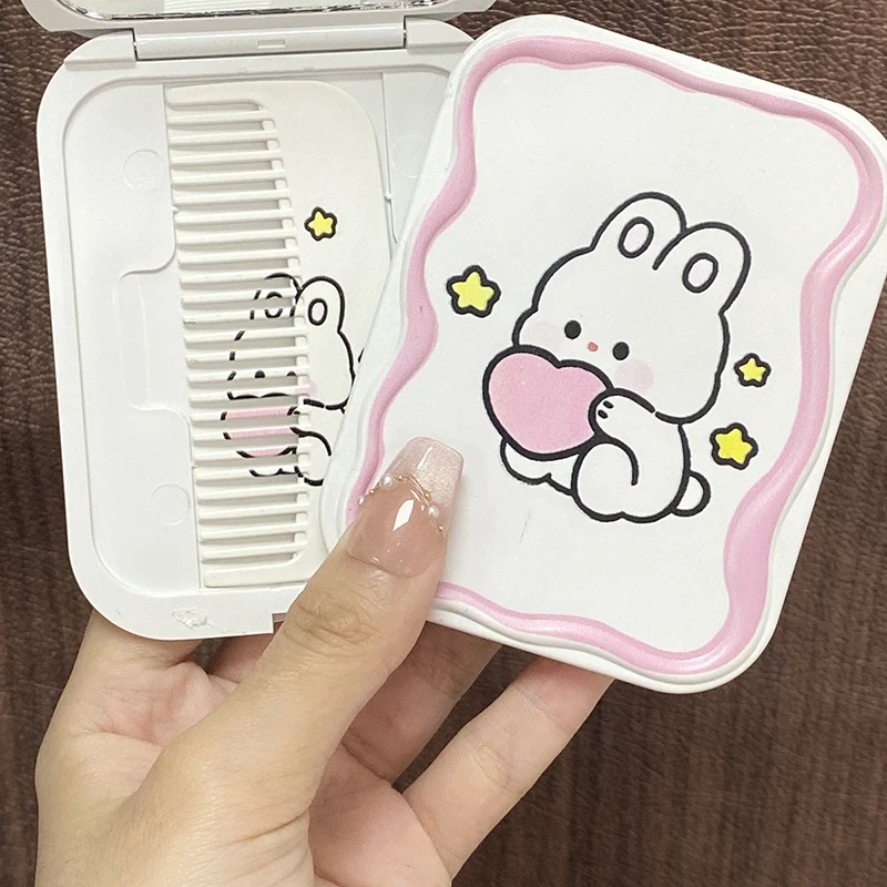 Cartoon Cute Rabbit Folding Clamshell Mirror Makeup Mirror With Comb Portable Creative For Women Girls Handheld Mirror