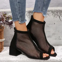 Maogu 2024 Summer Boot Zapatos Chaussures Femme Zipper Square High Heel Black Woman Shoes Women Mesh Suede Ankle Boots Size 43