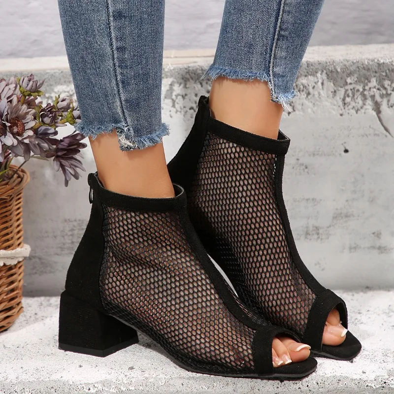 Maogu 2024 Summer Boot Zapatos Chaussures Femme Zipper Square High Heel Black Woman Shoes Women Mesh Suede Ankle Boots Size 43