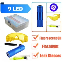 9 LED Car  Air Conditioning A/C System Leak Test Detector Kit  UV Flashlight Protective Glasses UV Dye Tool Set Dropshipping