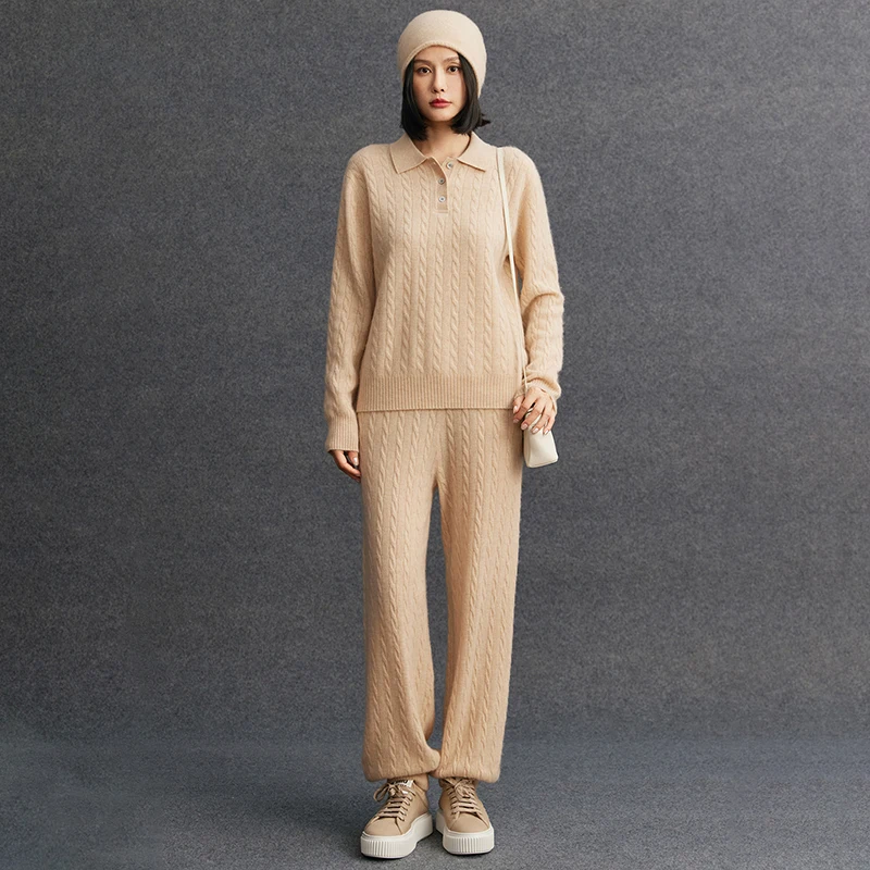 Women's matching set new 100% pure cashmere POLO collar sweater casual solid color knitted lantern pants long pants 2-piece set