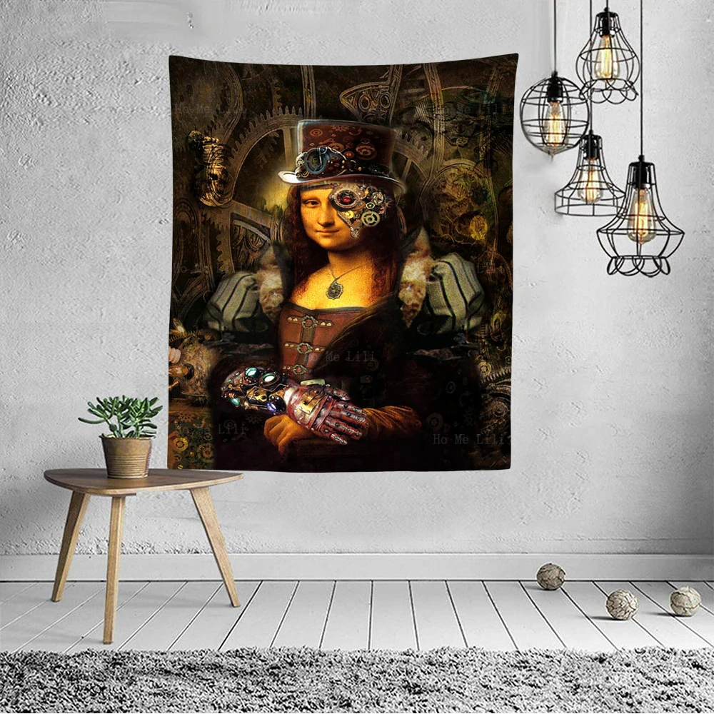 Steampunk Art Metal Gear Mona Lisa Mechanical Eyes And Hands Abstract Retro Tapestry By Ho Me Lili For Home Wall Decor