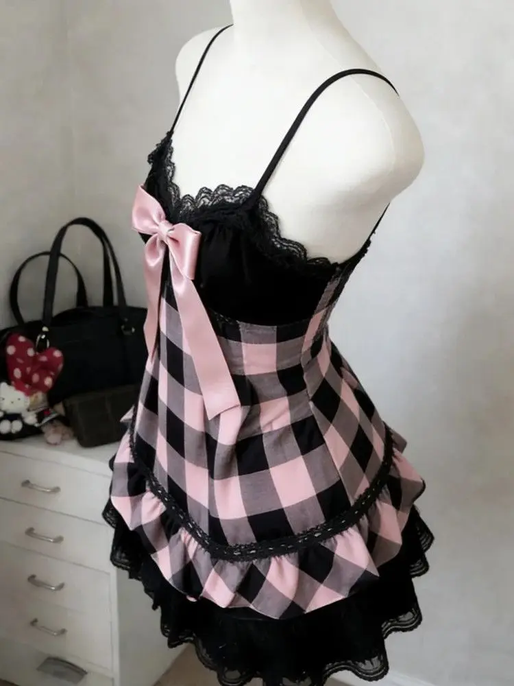 Sexy Dresses Slim Vintage Y2k 2000s Backless Plaid Punk Sling Dress Goth Summer Short Skirt Bow Woman Clothes Hot Girl Emo Chic