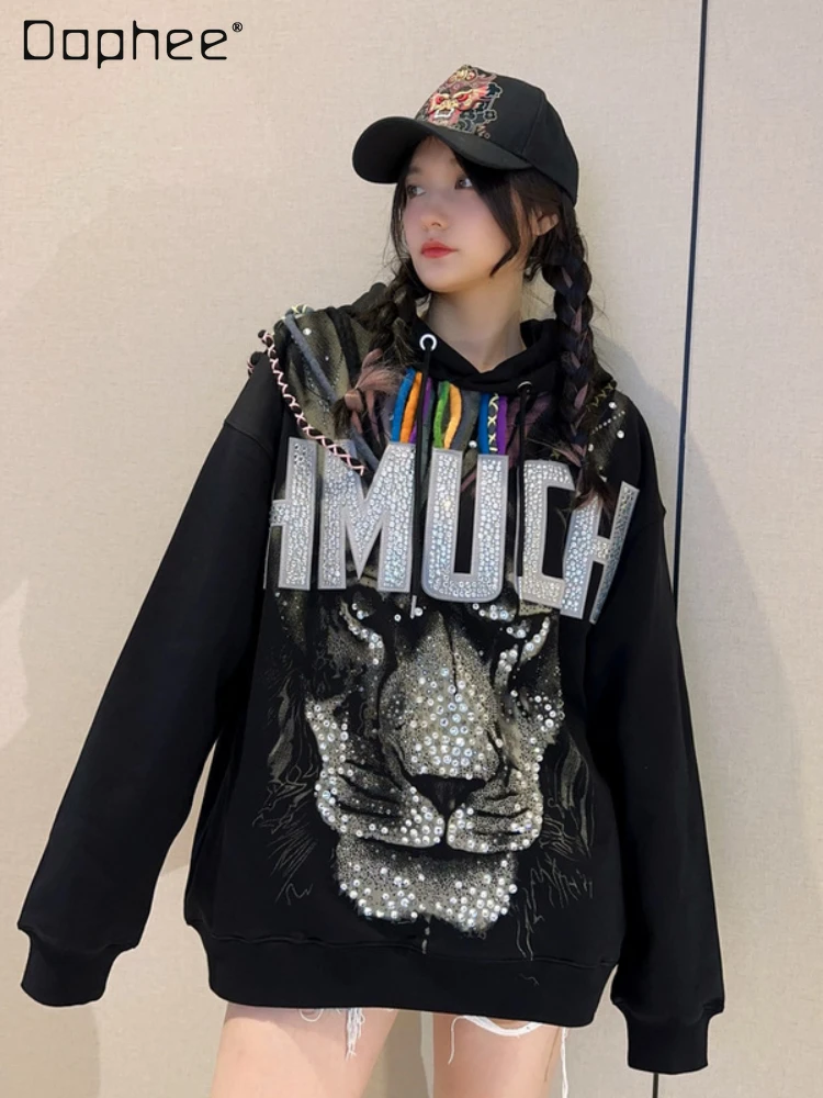 

Black Long-Sleeved Hoodies Women 2023 Autumn New Hip-Hop Street Hot Drilling Tiger Head Heavy Industry Rhinestone Sweatshirts