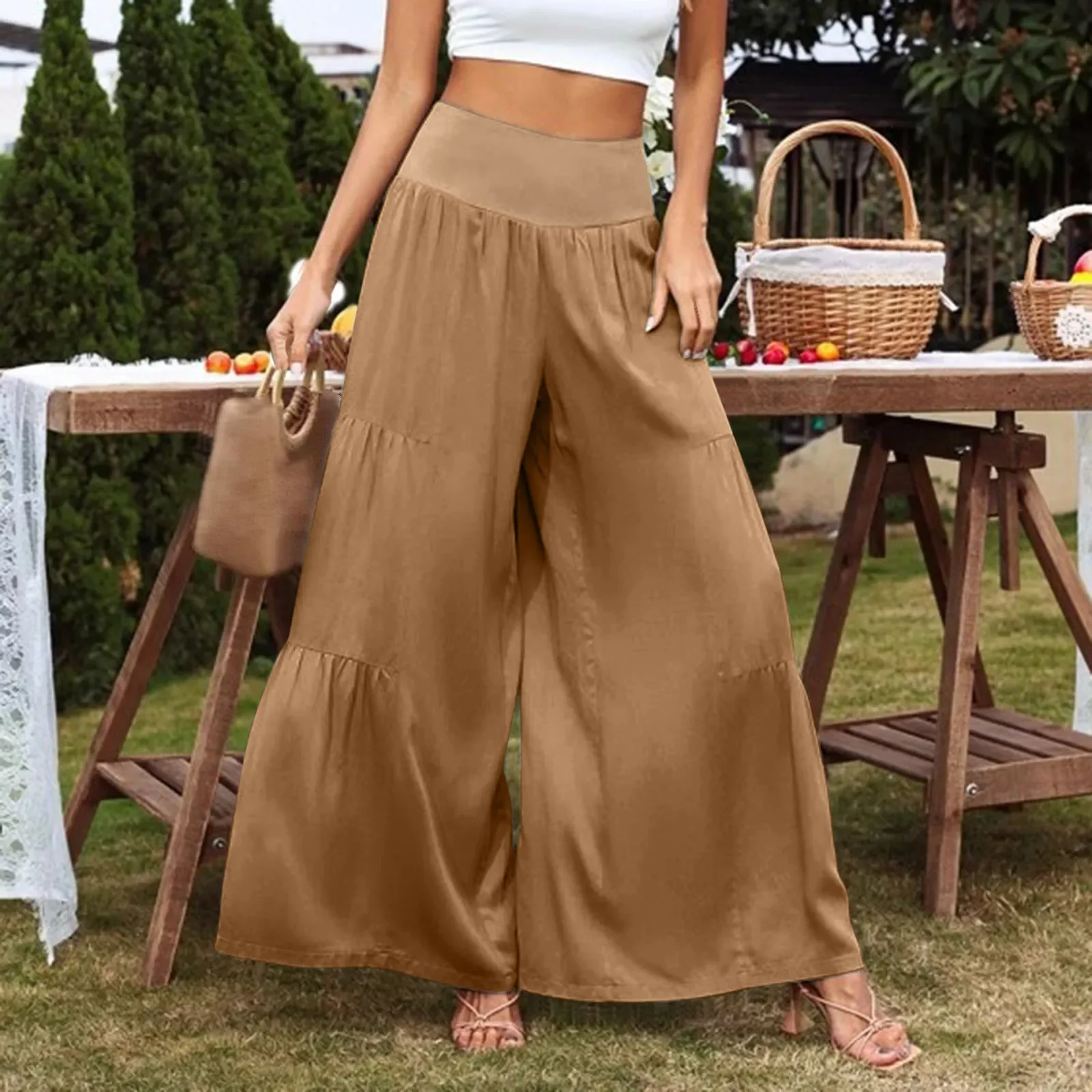 

Spring Summer New Fashion Cotton And Linen Solid Color Fungus Edge High-waisted Women's Trousers Nine-point Pants Wide-leg Pants