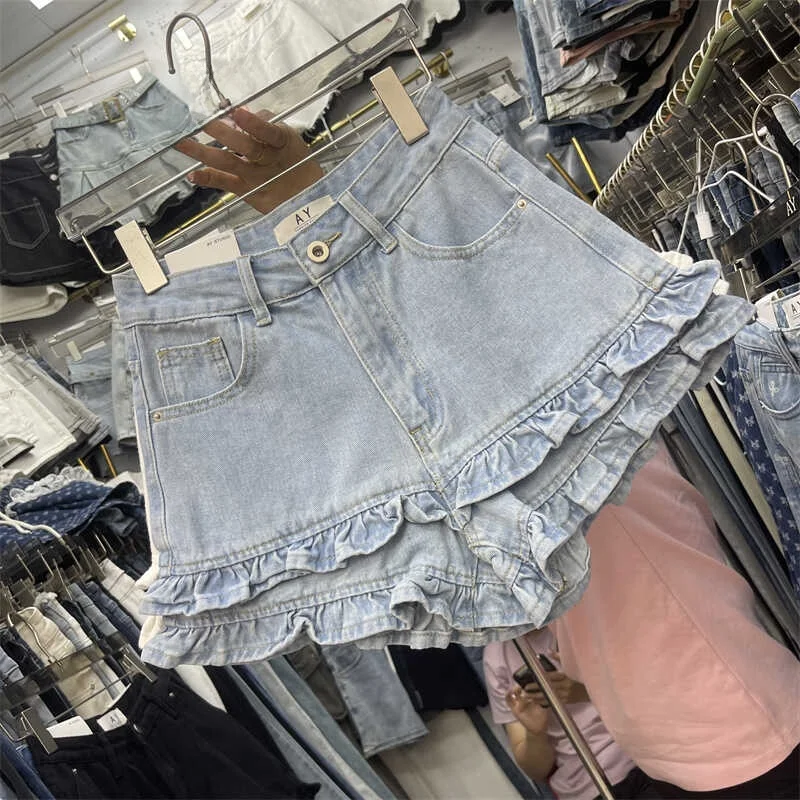 Sweet Style Korean Version Double Layer Wood Grain Ruffle Splicing Design Slim Straight Short Pants High Waist Denim Shorts