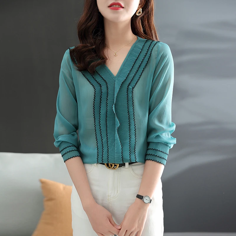 Vintage V-Ausschnitt Chiffon Bluse Frauen Langarm Tops 2022 Frühling lose Rüschen Patchwork Shirt Damen blusas süße Bluse 19341