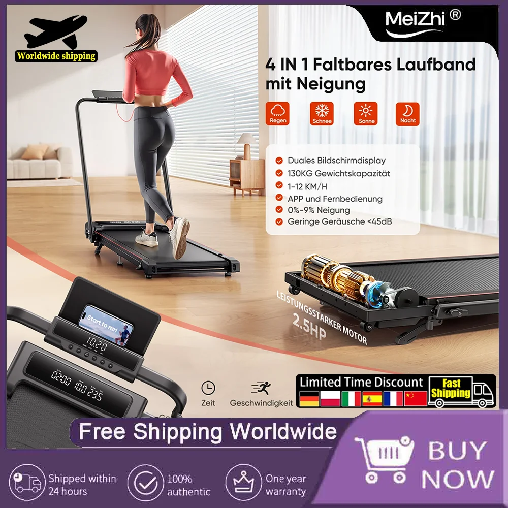 

Platzsparend 4in1 Laufband – 12km/h, 9% Neigung, faltbar, 2,5 PS, Fernbedienung, Doppel-LED – Home-Office, ultra-quiet, compact