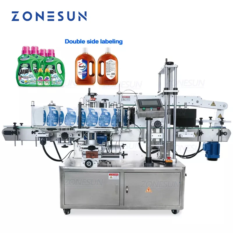 Zonesun-máquina de rotulagem automática de dupla face para lavanderia, líquido, higienização das mãos, garrafa, etiquetador