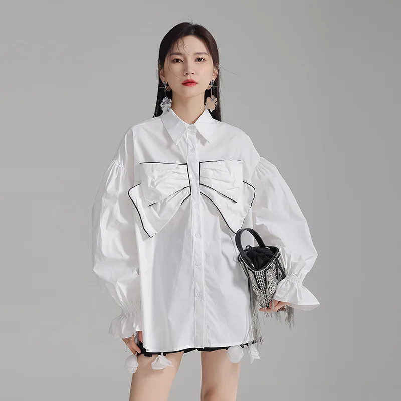 

Zhongchuang Rizhen 3D Bow Flare Sleeves Medium Long Shirt Women's 2024 Spring Wear Loose and Slimming Top