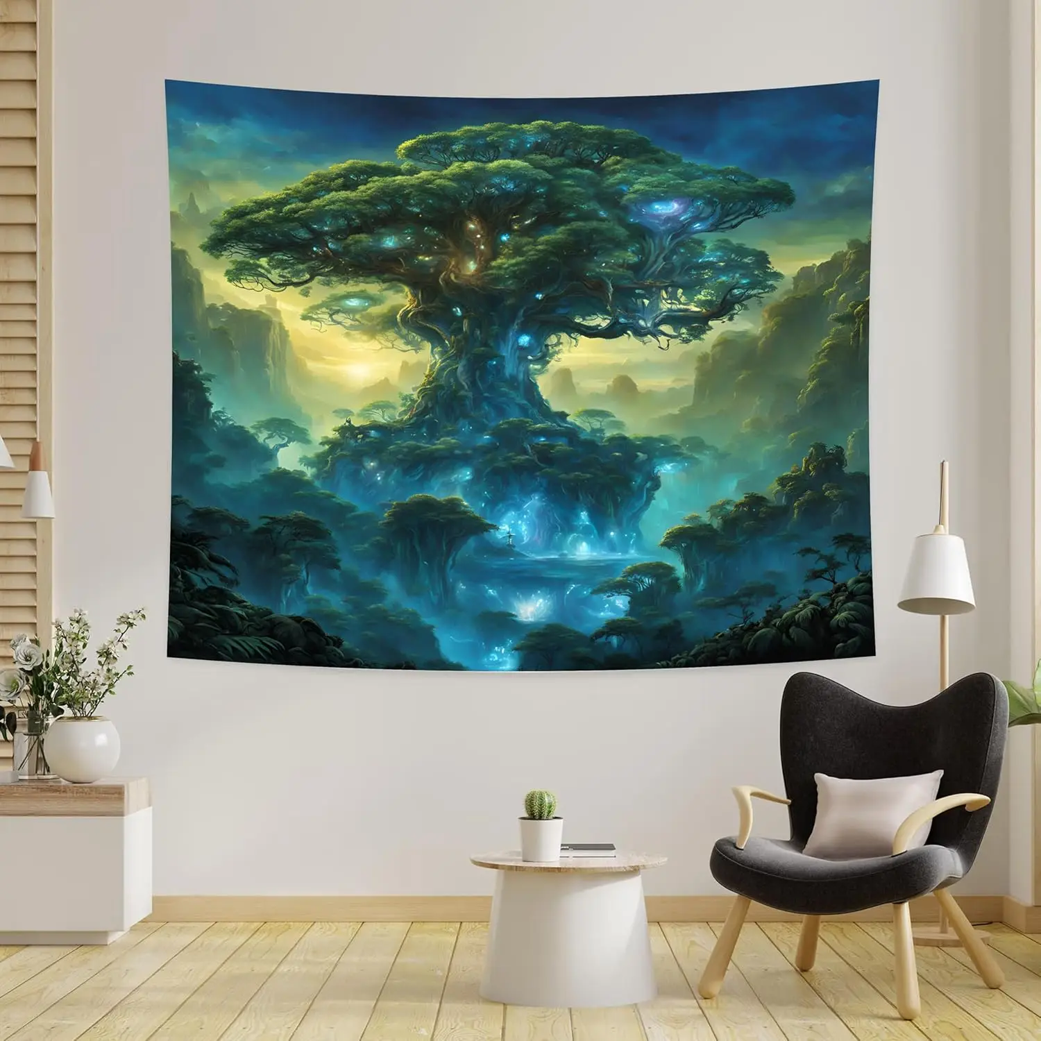 Tree Life Tapestry – Inspirational 3D Bohemian Wall Art Poster with Elegant Fantasy Drawing, Cool Oversized Horizontal Mural