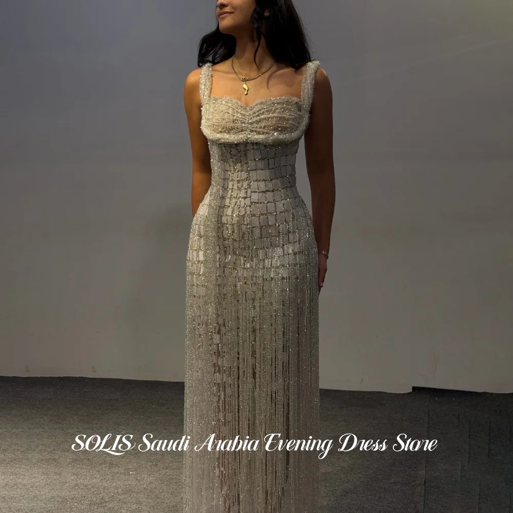 SOLIS Silver Square Strap Mermaid Prom Dress Mirror Sequins Tassel Fringe Sheer Mesh Luxury Formal Evening Party Gown Customized