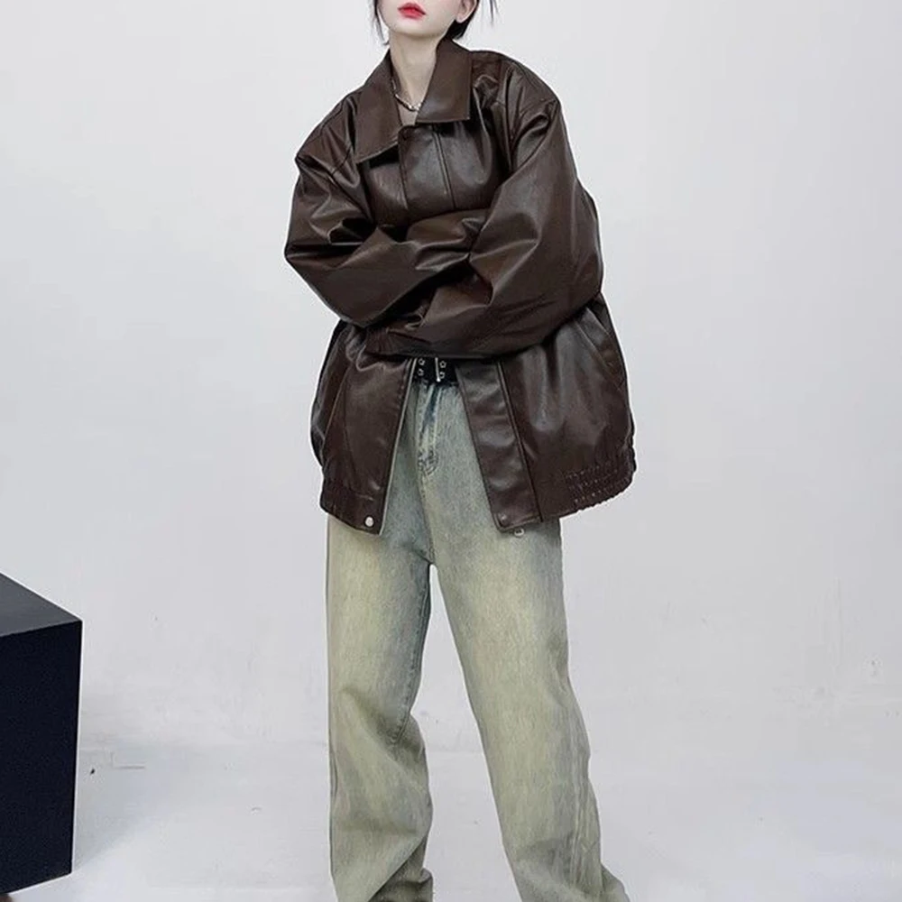 Winter Unisex Solid-Color Long-Sleeve Leather Jacket American Vintage Fashion Trend High Street Casual Loose Simple Neutral Tops