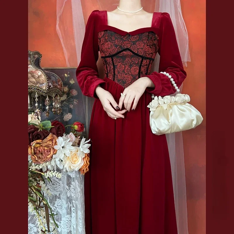 Spring Fall Women Square Collar Rose Floral Pattern Patchwork Wine Red Long Velvet Dress , Woman Autumn Vintage Velour Dresses