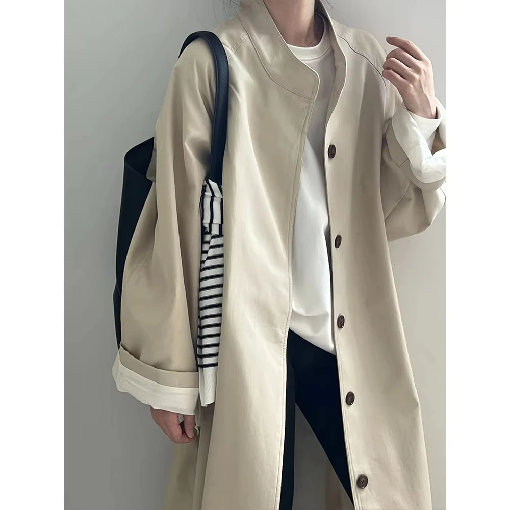 Stand Neck Long Trench Coat Women Spring Casual Turn-down Collar Single-breasted Trench Coat view 3
