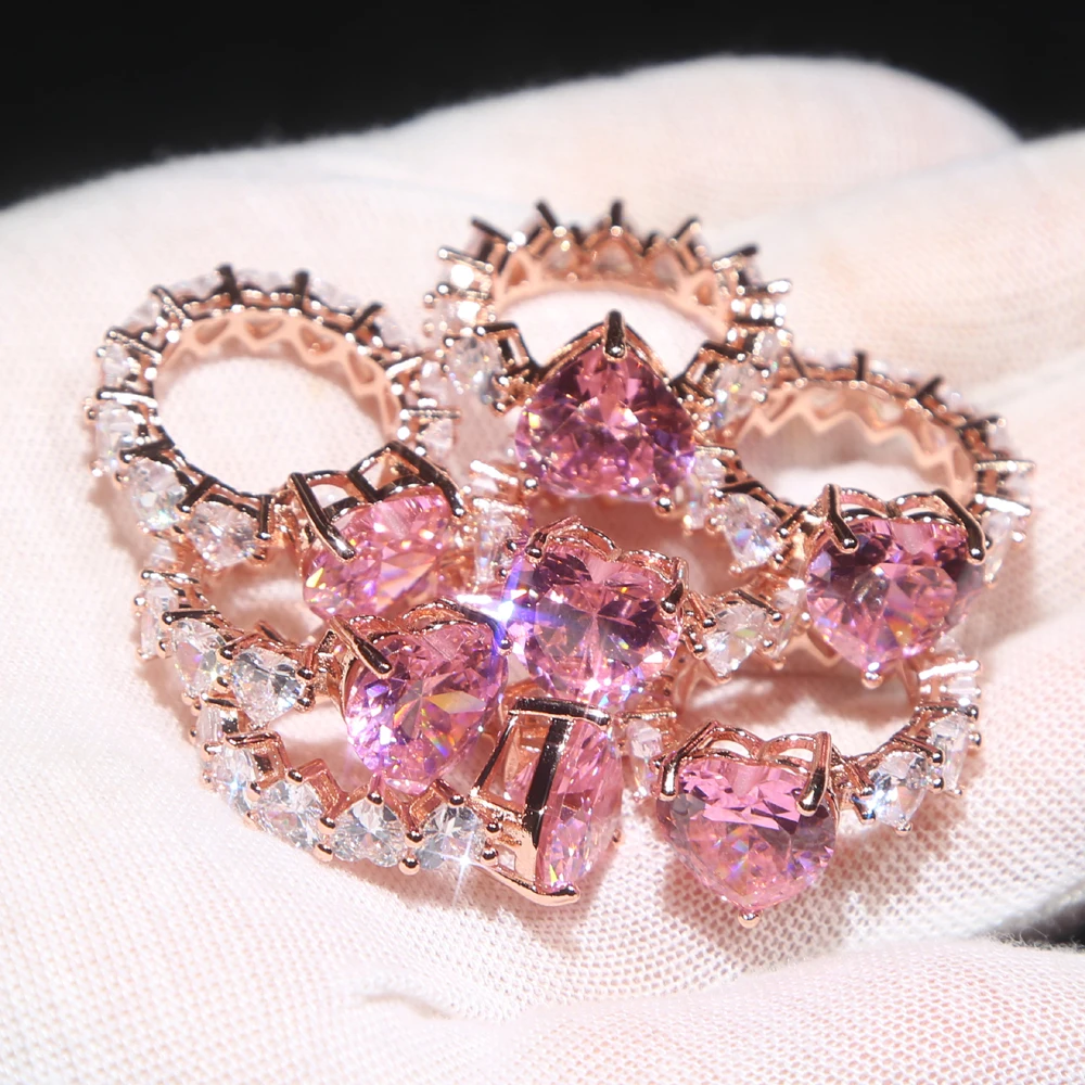 Rose gold Color white pink cz heart wedding engagement ring for women Full heart cz eternity band finger jewelry