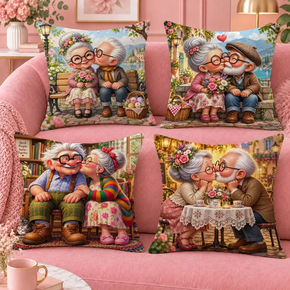 Art Cute Elderly Couple Cartoon Cushion Cover Cute Cartoon Throw Pillow Cover Soft Plush Cushion Cover Sofa Bedroom Home Decor