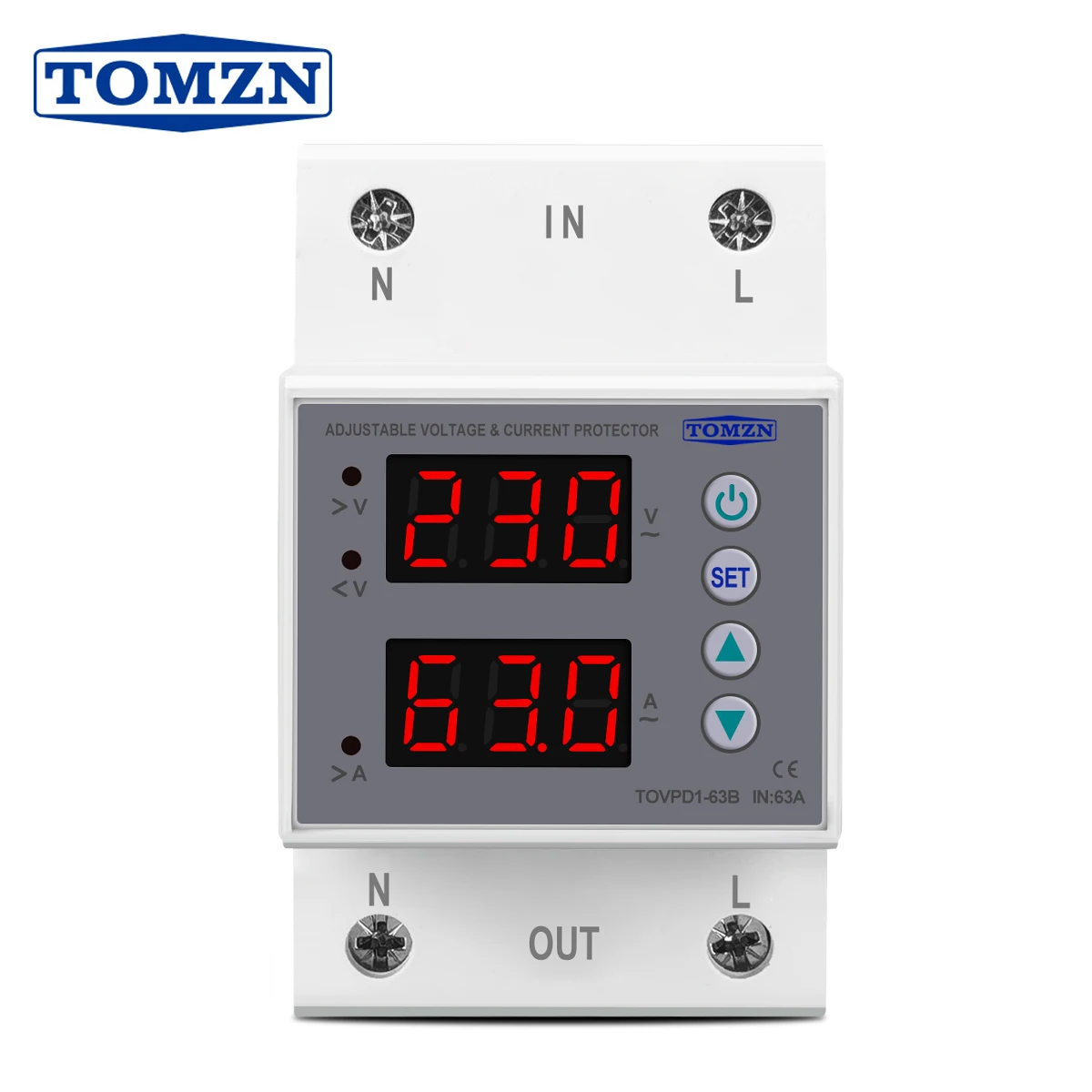 TOMZN TOVPD1-63B 63A Din Rail 230V Adjustable Over Under Voltage Protective Device Protector Relay Monitor Current Limit 3P 54m