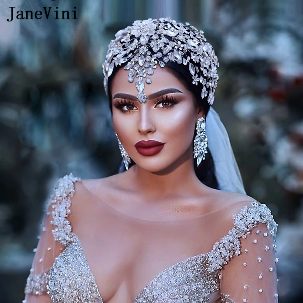 

JaneVini Sparkly Crystal Bridal Crowns Tiaras Alloy 3D Flower Bride Headband Forehead Jewelry for Women Pageant Hair Accessories