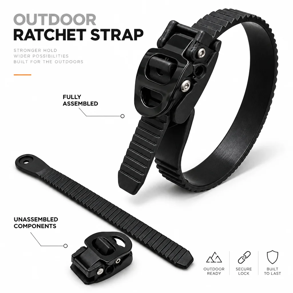 28cm Adjustable Reusable Ratchet Strap Heavy‑Duty Grip Lock Buckle Outdoor Multi‑Purpose Tie Down Fastening Tie for Secure Bundl