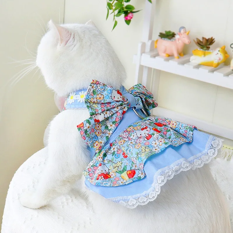 Flower Printing Summer Dress Leash Kit Sweet Pastoral Style Mesh Breathable Pet Dog Harness Female Lace Kitten Puppy Accessories