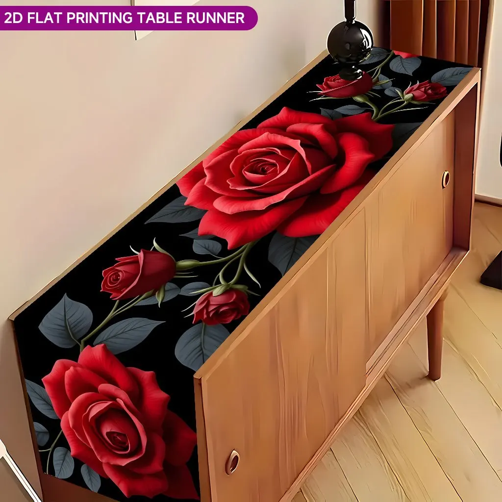 1pc Black Table Runner with Red Rose Print, Perfect for Family Dinners, Afternoon Tea, and Table Decoration