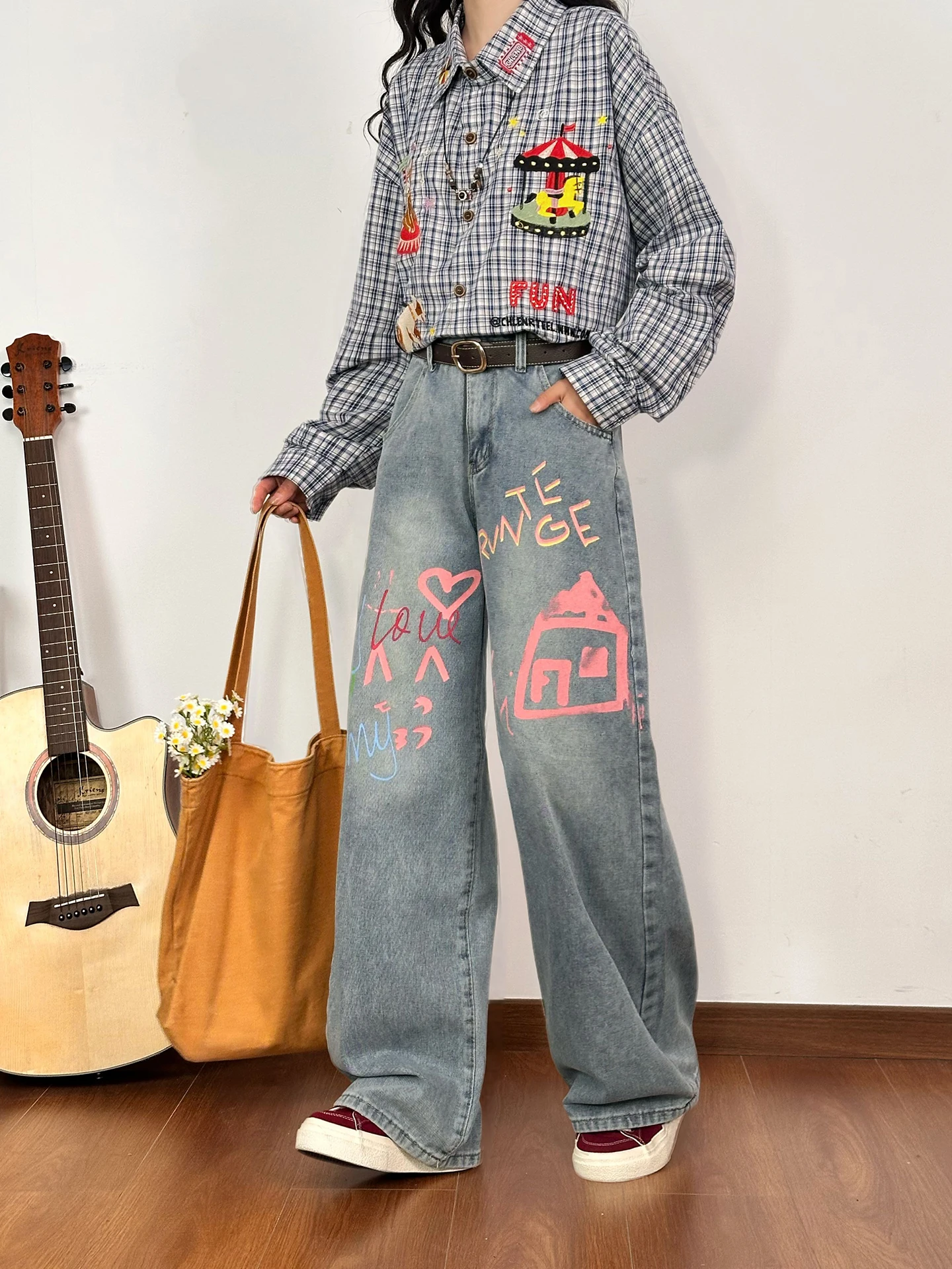 

Original American fiti Loose Women's Jeans Casual Wide Leg Pants Street Sle Autumn Collection Denim Blue l Waist