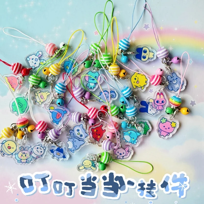 

Hot Tamagotchi Style Keychain Kawaii Cartoon Acrylic Charms With Small Bell Phone Lanyard Bag Hanging Decoration Accessory Gift