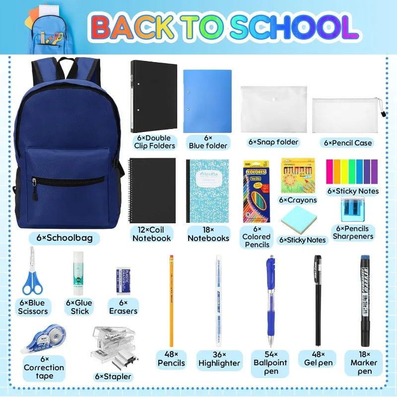 6 Sets Back to School Supplies Kits Bulk Each Kit Include 15 Inch Backpack and 66 Pcs Stationery,Markers Ballpoint Pens