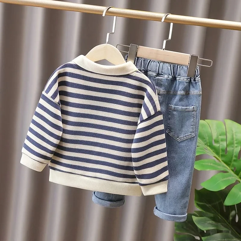 Spring Fall Fashion Boys Sets Polo Collar Stripe Print Tops And Elastic Waist Harem Jeans Outfit 3-6 Years Children's Conjuntos