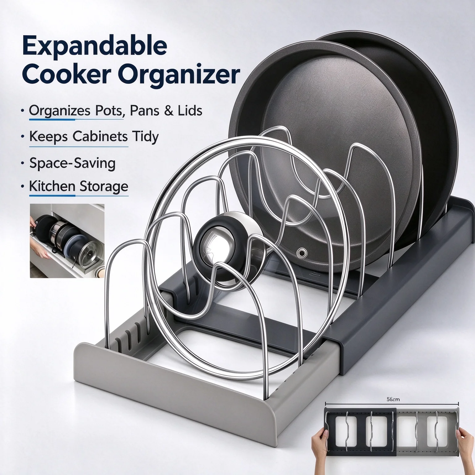Expandable Pot and Pan Organizer Rack for Cabinet, Stainless Steel Pot Lid Holder Adjustable Cookware Storage Shelf Countertop